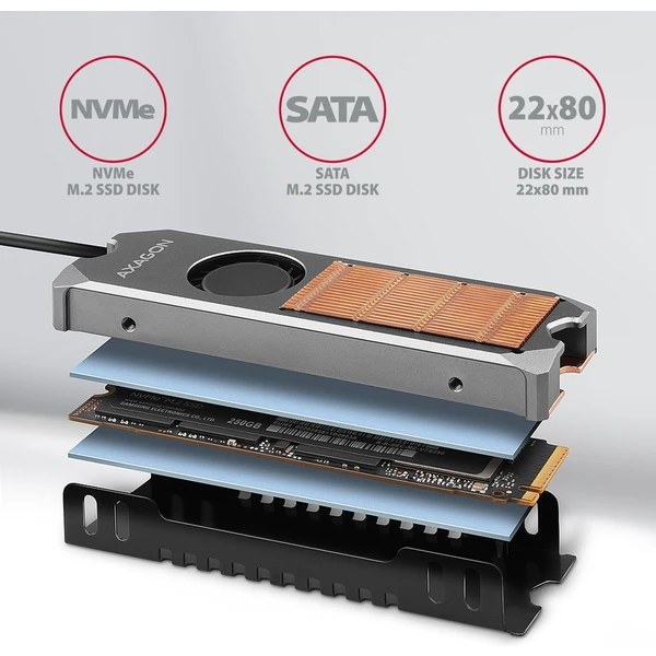 AXAGON CLR-M2FAN měděný chladič s ventilátorem pro oboustranné M.2 SSD - Chladiče - Obrázek B4J0000P01
