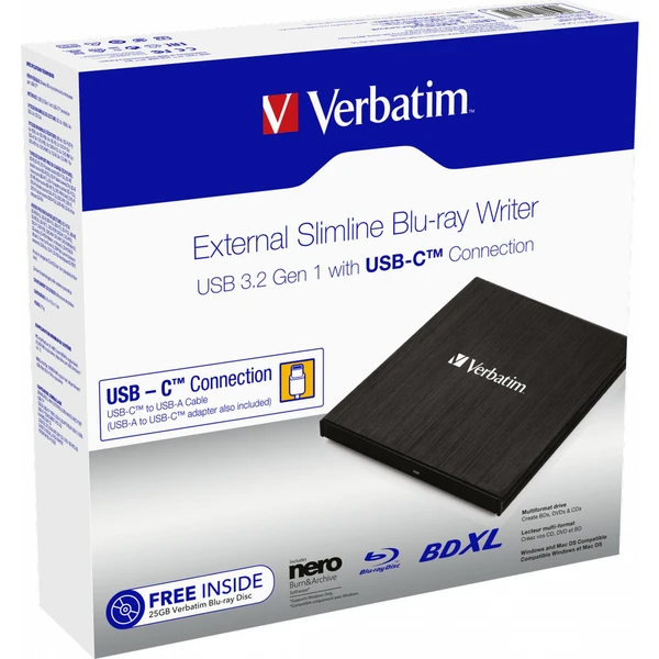 VERBATIM externí mechanika Slimline Blu-ray vypalovačka (USB 3.1, USB-C) + Zdarma BR Disc 25GB + NER - Optické mechaniky - Obrázek B653000O01