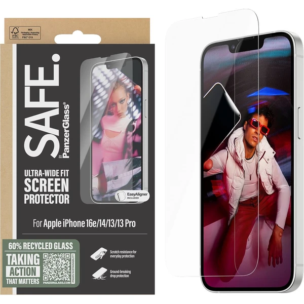 PanzerGlass® SAFE Ultra-Wide Fit sklo Apple iPhone 17e/16e/14/13/13 Pro s instalačním rámečkem - Ochranné folie a skla - Obrázek B9GD000J01