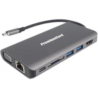 PremiumCord Převodník USB3.1 typ C na HDMI+VGA+RJ45+2xUSB3.0+SD card +3,5mm+PD nabíjení šedý - Dokovací stanice