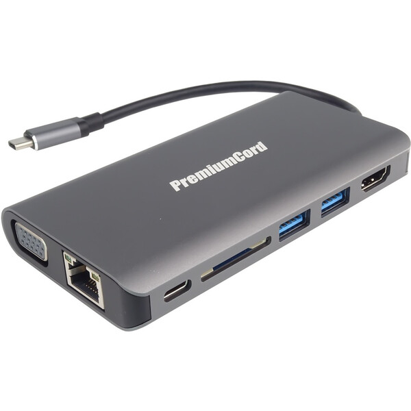 PremiumCord Převodník USB3.1 typ C na HDMI+VGA+RJ45+2xUSB3.0+SD card +3,5mm+PD nabíjení ku31dock08 Šedá