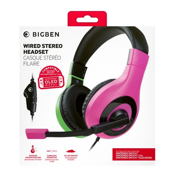 Headset Bigben Wired Stereo Pink + Green (Switch) - Sluchátka - Obrázek BGQMF00101