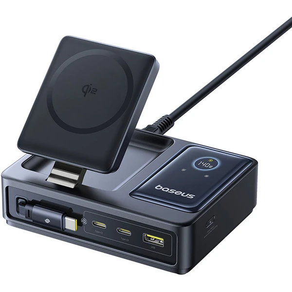 Baseus Nomos Qi2 nabíjecí stanice 140W 3xUSB-C, USB-A s výsuvným kabelem USB-C/síťový kabel 1m černá - Nabíječky - Obrázek BIGE000L01