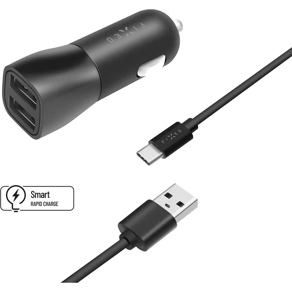 FIXED autonabíječka s 2x USB-A a kabelem USB-C 15 W černá - Nabíječky - Obrázek BL9J200401
