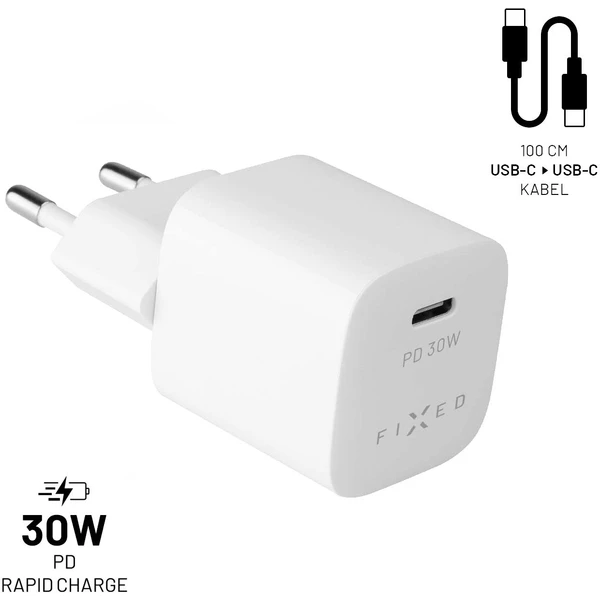 FIXED Mini nabíječka s USB-C/USB-C kabelem, PD, 1 m, 30W, bílá - Nabíječky - Obrázek BQ5E300401