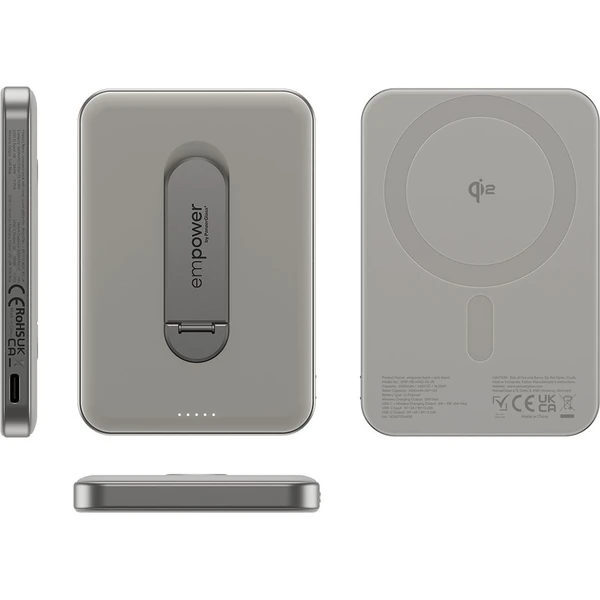 PanzerGlass® empower bezdrátová Qi2 powerbanka 5000 mAh, MagSafe, otočný stojánek, šedá - Powerbanky - Obrázek C83J000K01