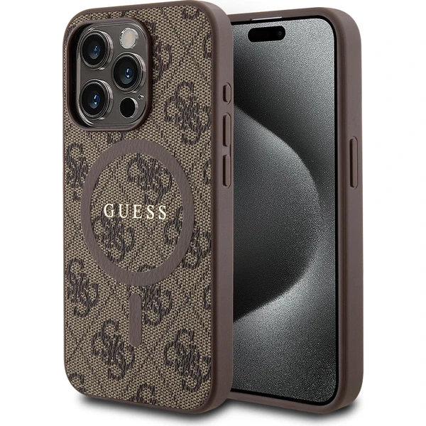 Guess PU Leather 4G Colored Ring MagSafe kryt iPhone 15 Pro hnědý - Pouzdra - Hlavní obrázek