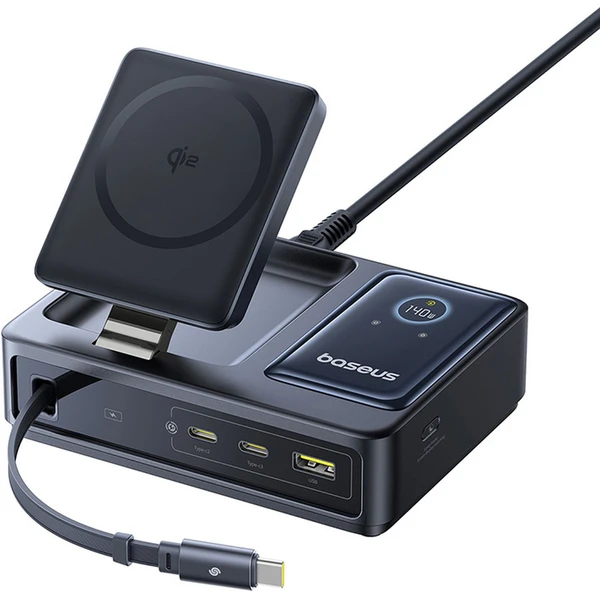 Baseus Nomos Qi2 nabíjecí stanice 140W 3xUSB-C, USB-A s výsuvným kabelem USB-C/síťový kabel 1m černá - Nabíječky - Obrázek CIGE000L01