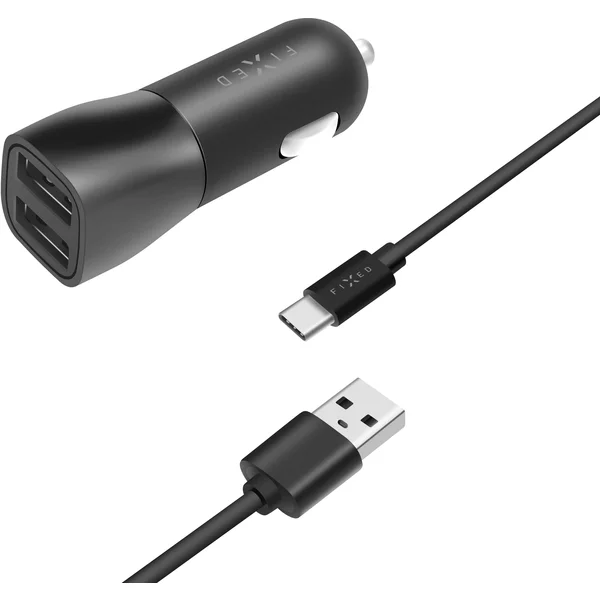 FIXED autonabíječka s 2x USB-A a kabelem USB-C 15 W černá - Nabíječky - Hlavní obrázek