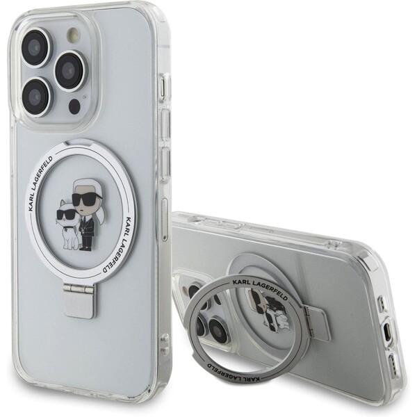 Pouzdro Karl Lagerfeld Ringstand Karl and Choupette MagSafe iPhone 15 Pro Max bílé Bílá