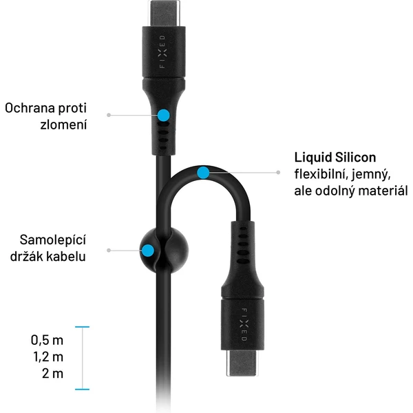 FIXED Liquid silicone kabel USB-C/USB-C (PD), 0.5m, USB 2.0, 60W, černý - Kabely - Obrázek CSS1000601