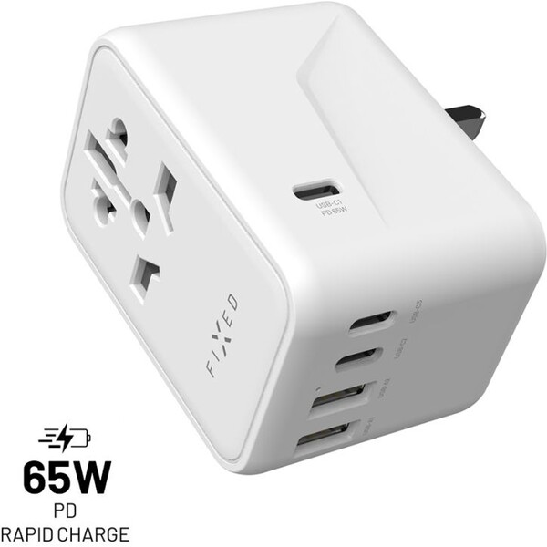 65W cestovní adaptér FIXED Voyager GaN (EU, UK, USA, AUS) - bílý