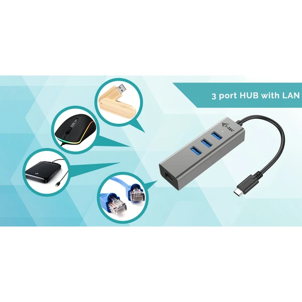 i-tec USB-C Metal 3-portový HUB s Gigabit Ethernet adapterem - USB huby - Obrázek D1HA000501