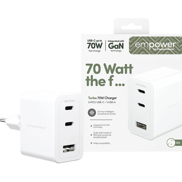 PanzerGlass® empower nabíječka Turbo GaN (70 W) 2x USB-C + 1x USB-A, bílá - Nabíječky - Obrázek D63J000K01