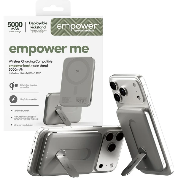 PanzerGlass® empower bezdrátová Qi2 powerbanka 5000 mAh, MagSafe, otočný stojánek, šedá - Powerbanky - Obrázek D83J000K01