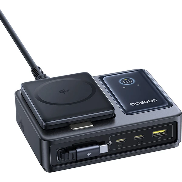 Baseus Nomos Qi2 nabíjecí stanice 140W 3xUSB-C, USB-A s výsuvným kabelem USB-C/síťový kabel 1m černá - Nabíječky - Obrázek DIGE000L01