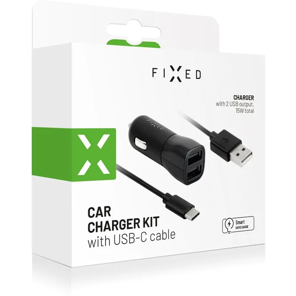 FIXED autonabíječka s 2x USB-A a kabelem USB-C 15 W černá - Nabíječky - Obrázek DL9J200401