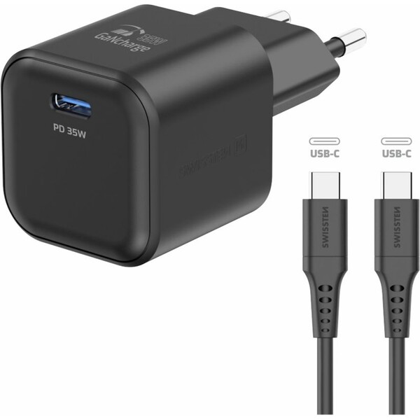 Swissten síťový adaptér GaN 1x USB-C 35W PD + datový kabel USB-C/USB-C 1,2 m černý