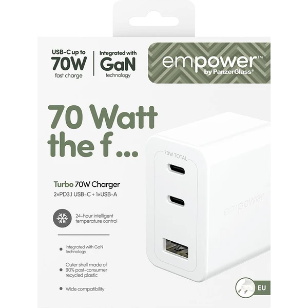 PanzerGlass® empower nabíječka Turbo GaN (70 W) 2x USB-C + 1x USB-A, bílá - Nabíječky - Obrázek E63J000K01
