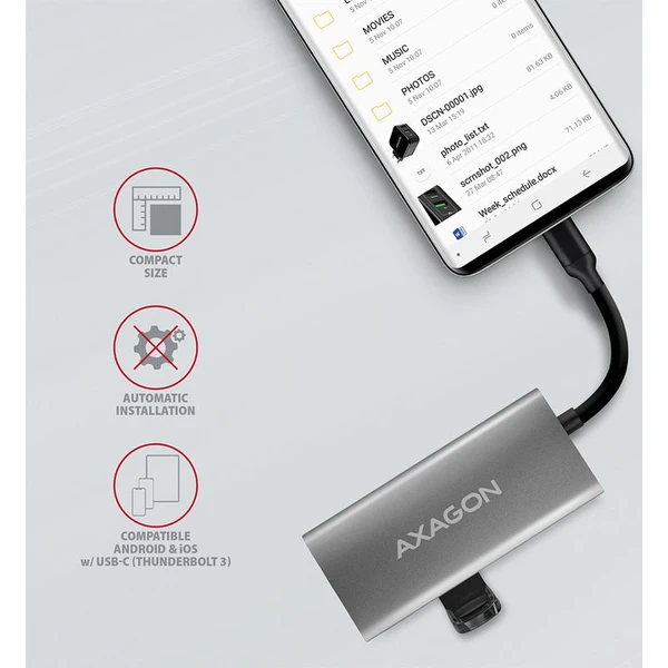AXAGON HMC4G2 USBC 3.2 Gen 2 10 Gbps hub w. 2x USBA + 2x USBC 13cm USBC cable - USB huby - Obrázek E87HF00101