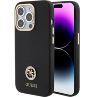 Guess Liquid Silicone 4G Strass Metal Logo kryt iPhone 15 Pro černý - Pouzdra