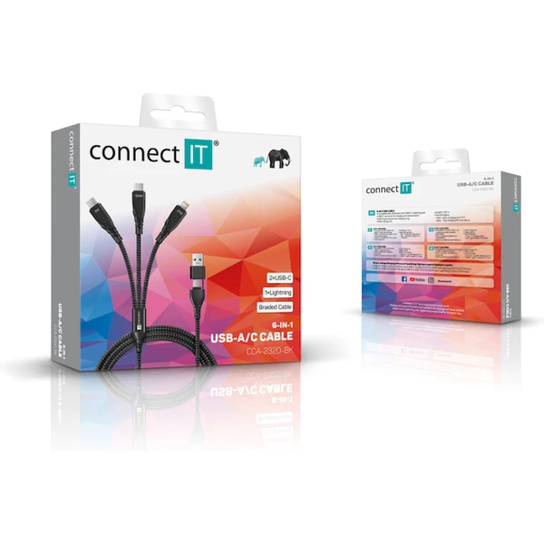 CONNECT IT Wirez 6v1 napájecí kabel 100W 1,25m černý - Kabely a redukce - Obrázek EFTG000K01