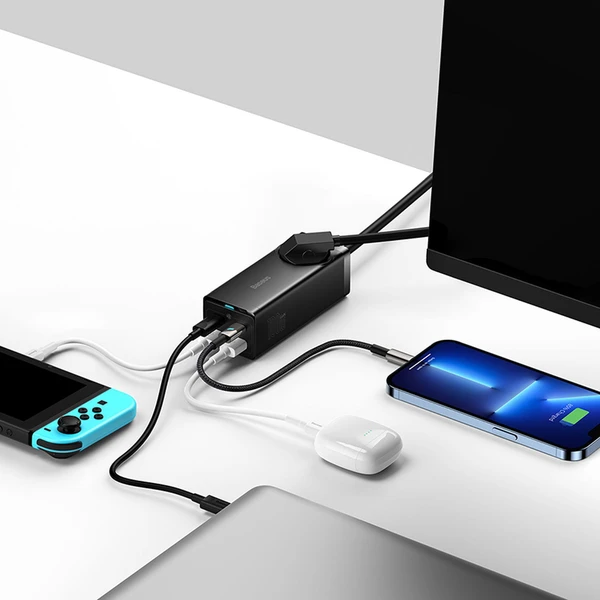 Baseus GaN3 Pro rychlonabíječka 2x USB-C, 2x USB + AC 100W s kabelem USB-C/USB-C černá - Nabíječky - Obrázek EHGE000L01