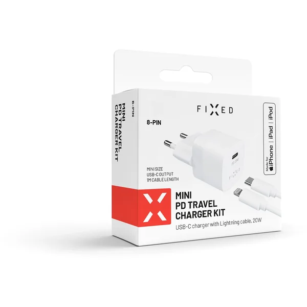 FIXED Mini nabíječka s USB-C a USB-C/Lightning kabelem, PD, 1 m, MFI, 20W, bílá - Nabíječky - Obrázek F338100501