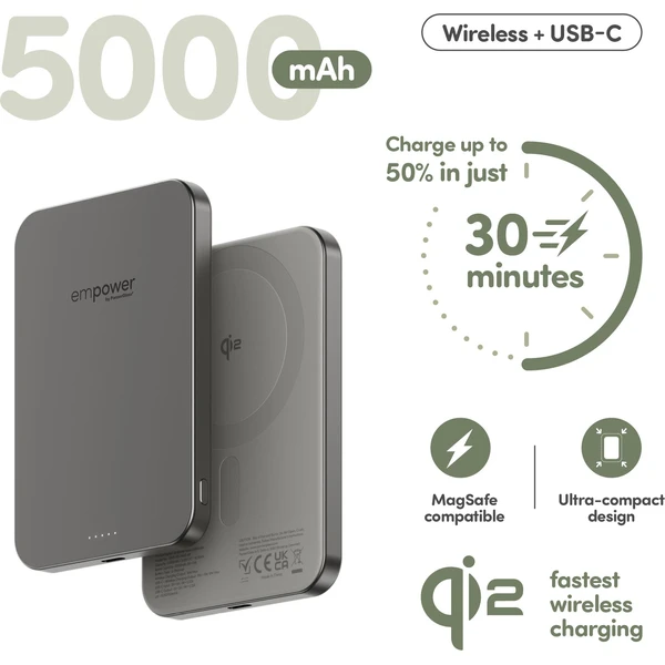 PanzerGlass® empower bezdrátová Qi2 powerbanka 5000 mAh, MagSafe, šedá - Powerbanky - Obrázek F83J000K01