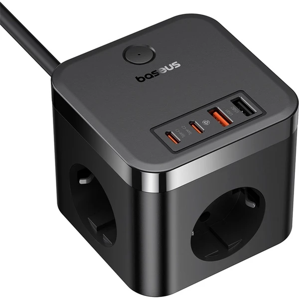 Baseus PowerCombo Cube prodlužovací kabel 3x zásuvka + 2x USB + 2x USB-C 30W 1.5m černý - Nabíječky - Obrázek FDGE000L01