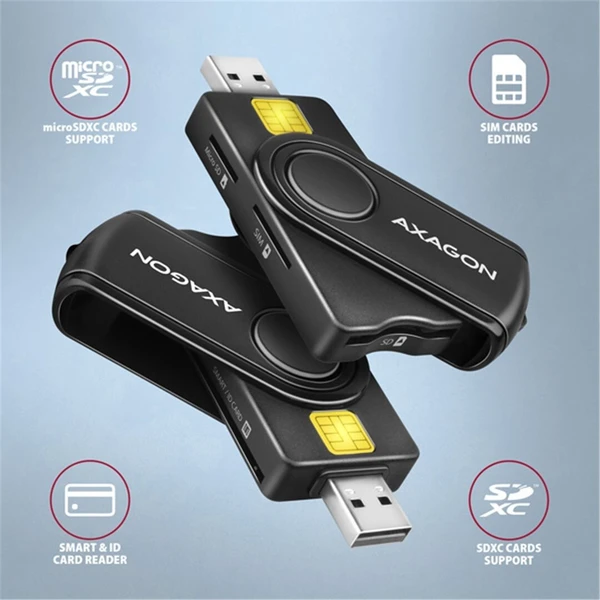 AXAGON CRE-SMP2A, USB-A PocketReader 4-slot čtečka Smart card (eObčanka) + SD/microSD/SIM - Čtečky paměťových karet - Obrázek FOS6000701