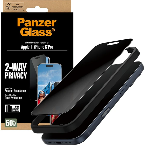 PanzerGlass® Privacy sklo Apple iPhone 17 Pro s instalačním rámečkem - Ochranné folie a skla - Obrázek G0KH000K01
