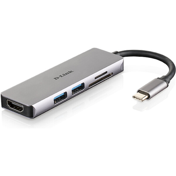 D-Link 5v1 USB-C Hub + čtečka karet stříbrný Stříbrná