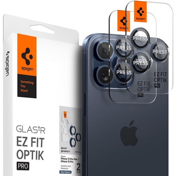Spigen Glass tR EZ Fit Optik Pro 2 Pack sada skel iPhone 15 Pro/15 Pro Max modrý titan