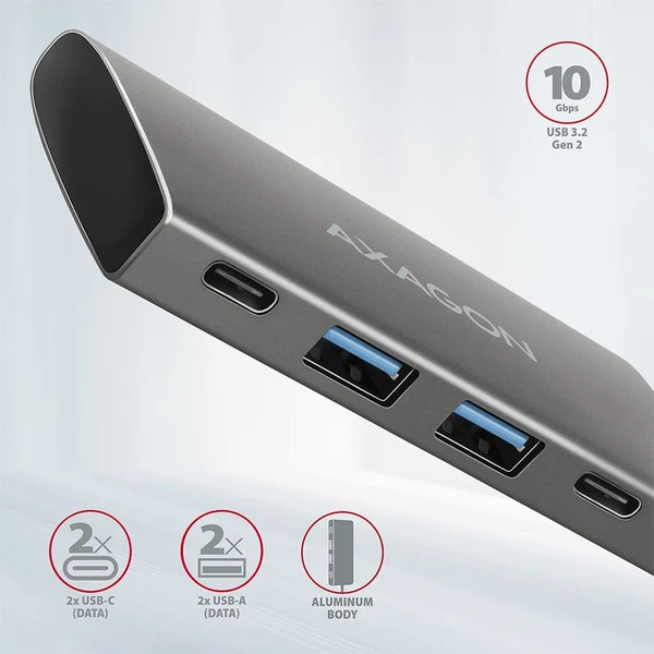AXAGON HMC4G2 USBC 3.2 Gen 2 10 Gbps hub w. 2x USBA + 2x USBC 13cm USBC cable - USB huby - Obrázek G87HF00101