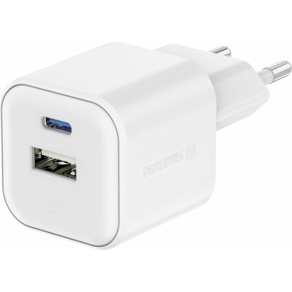 Swissten síťový adaptér GaN 1x USB-C 35W PD + 1x USB-A 27W QC bílý