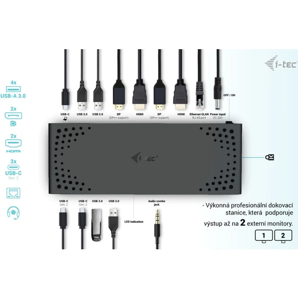 i-tec USB 3.0 / USB-C / Thunderbolt Dual Display dokovací stanice s PD 100W - Dokovací stanice - Obrázek GBP8000601