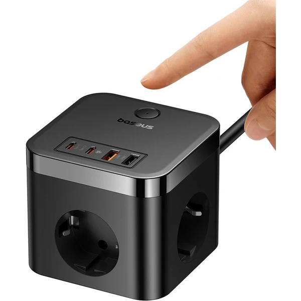 Baseus PowerCombo Cube prodlužovací kabel 3x zásuvka + 2x USB + 2x USB-C 30W 1.5m černý - Nabíječky - Obrázek GDGE000L01