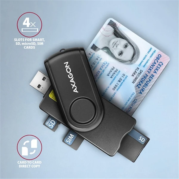 AXAGON CRE-SMP2A, USB-A PocketReader 4-slot čtečka Smart card (eObčanka) + SD/microSD/SIM - Čtečky paměťových karet - Obrázek GOS6000701