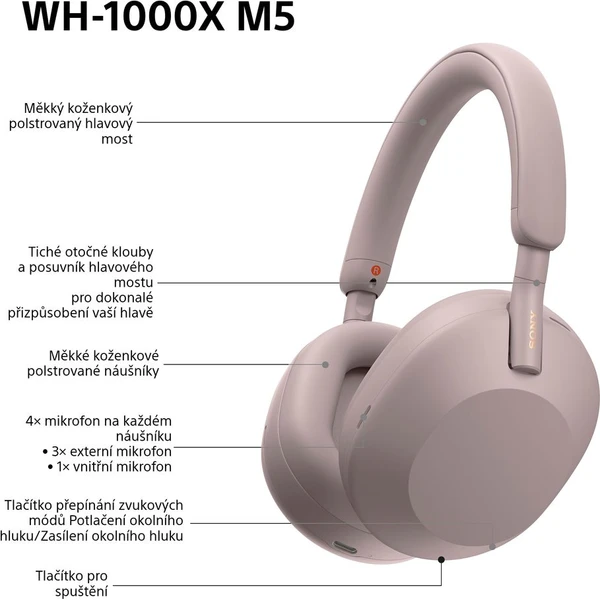 Sony WH-1000XM5 bezdrátová sluchátka fialovorůžová - Sluchátka - Obrázek GT2H000K01