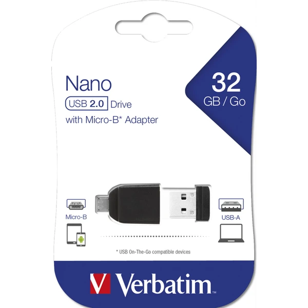 VERBATIM Flash Disk 32GB Store 'n' Stay Nano + micro USB OTG adaptér, USB 2.0, černý - Flashdisky - Obrázek H8R2000P01