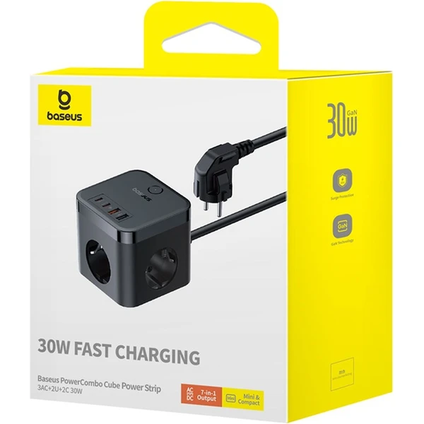 Baseus PowerCombo Cube prodlužovací kabel 3x zásuvka + 2x USB + 2x USB-C 30W 1.5m černý - Nabíječky - Obrázek HDGE000L01