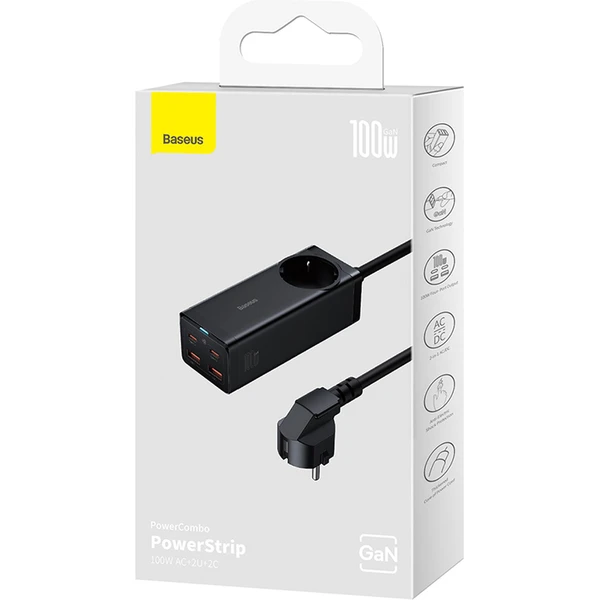 Baseus GaN3 Pro rychlonabíječka 2x USB-C, 2x USB + AC 100W s kabelem USB-C/USB-C černá - Nabíječky - Obrázek HHGE000L01