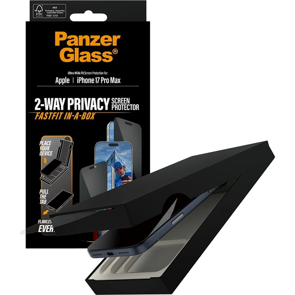 PanzerGlass® Privacy sklo Apple iPhone 17 Pro Max s bezprašným aplikačním boxem - Ochranné folie a skla - Obrázek HZEH000K01