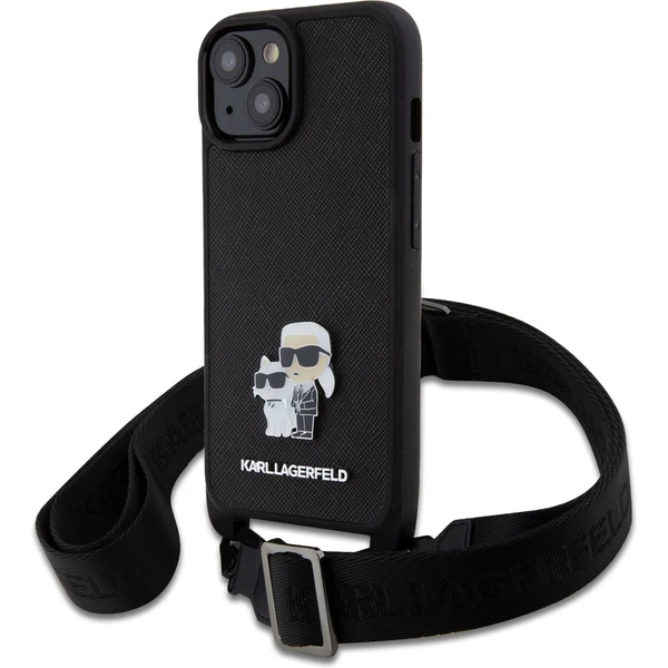 Karl Lagerfeld Saffiano Crossbody Metal Karl and Choupette kryt iPhone 15 černý - Pouzdra - Hlavní obrázek