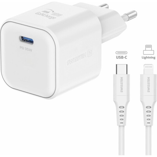 Swissten síťový adaptér GaN 1x USB-C 35W PD + datový kabel USB-C/Lightning 1,2 m bílý