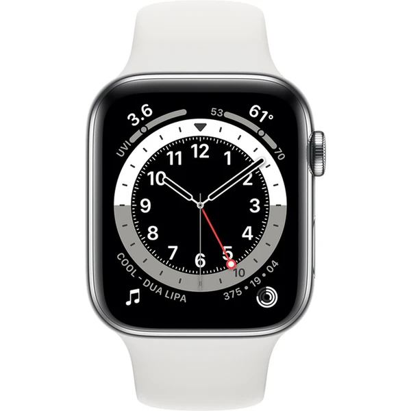 Apple Watch Series 6 Cellular 44mm stříbrná ocel s bílým sportovním řemínkem - Chytré hodinky - Obrázek IC1HF00101