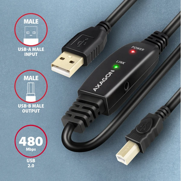 AXAGON ADR-215B USB2.0, A-M->B-M, aktivní prodlužka/repeater kabel 15m - Kabely a redukce - Obrázek IFS6000701
