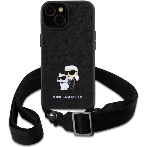 Karl Lagerfeld Saffiano Crossbody Metal Karl and Choupette kryt iPhone 15 černý - Pouzdra - Obrázek J1J8000601