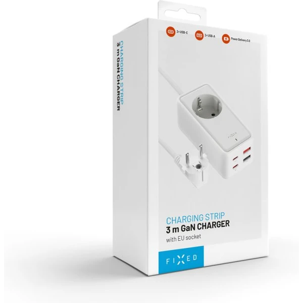 FIXED Charging Strip prodlužovací adaptér s USB-C/USB-A, GaN III, 3m, PD 65W, bílý - Nabíječky - Obrázek J6I1000O01